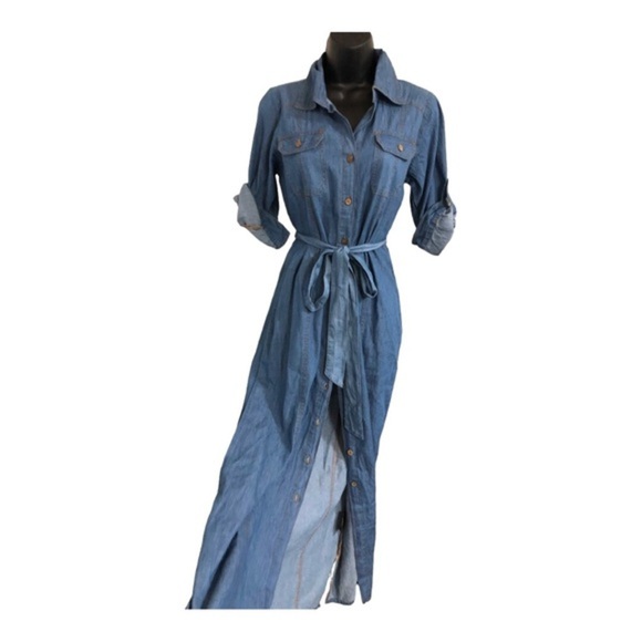 Blue denim fabric button front boho look belted dress size small brand new - Picture 3 of 16